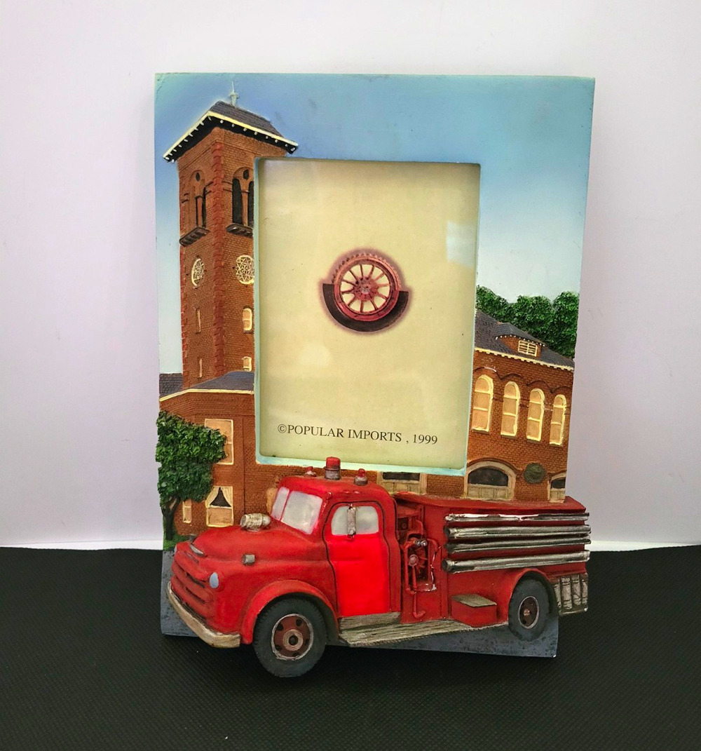 Popular Imports 1999 Hand Painted Fire Truck Resin Photo Frame 7x9 Clear Glass